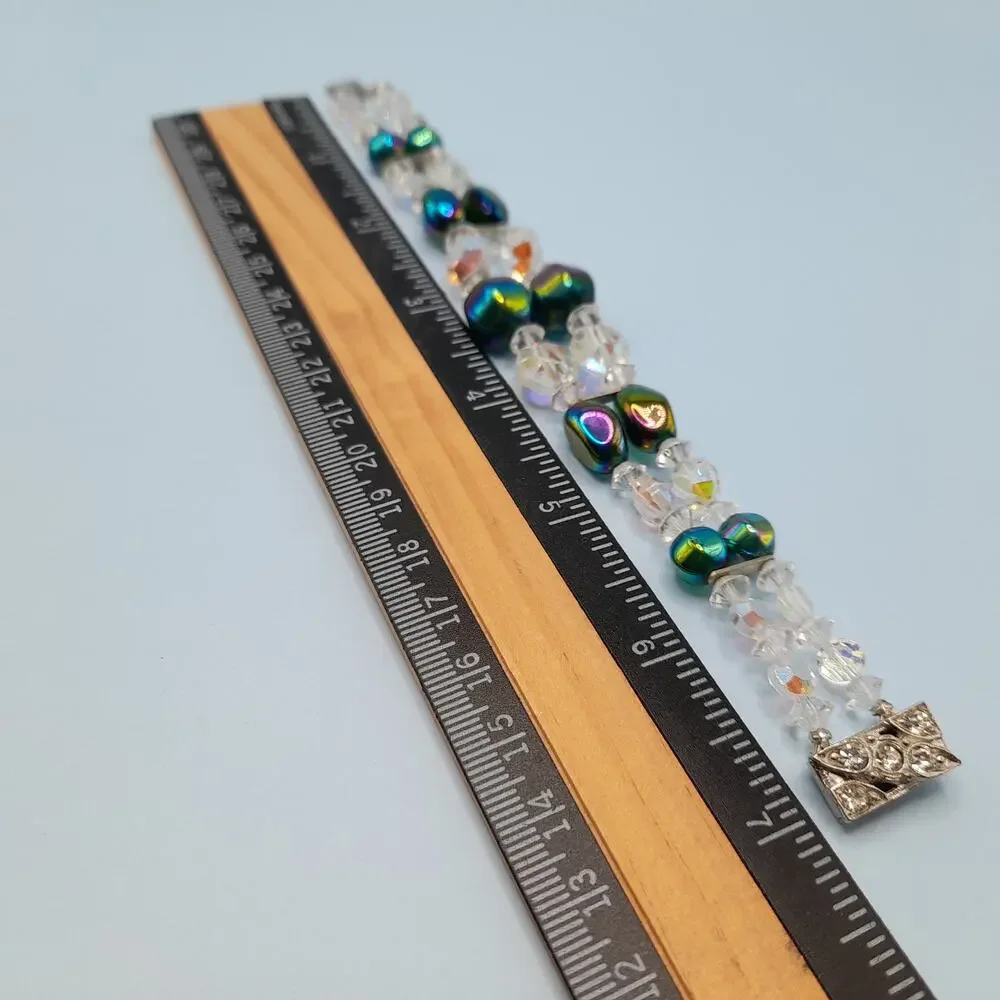 Vintage 1960s AB Crystal Beaded Bracelet, Double Strand, Iridescent Austrian, 7